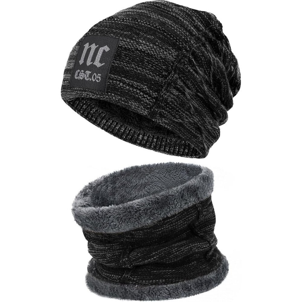 Men Women NC Black Winter Beanie Hat Scarf Set Warm Fleece Lined Set Gear